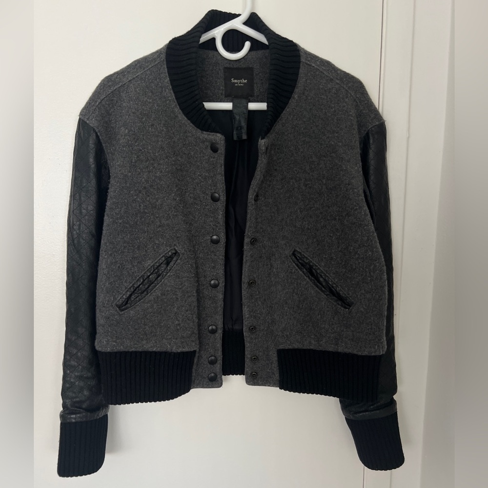 SMYTHE gray wool black faux leather sleeves button up varsity bomber jacket